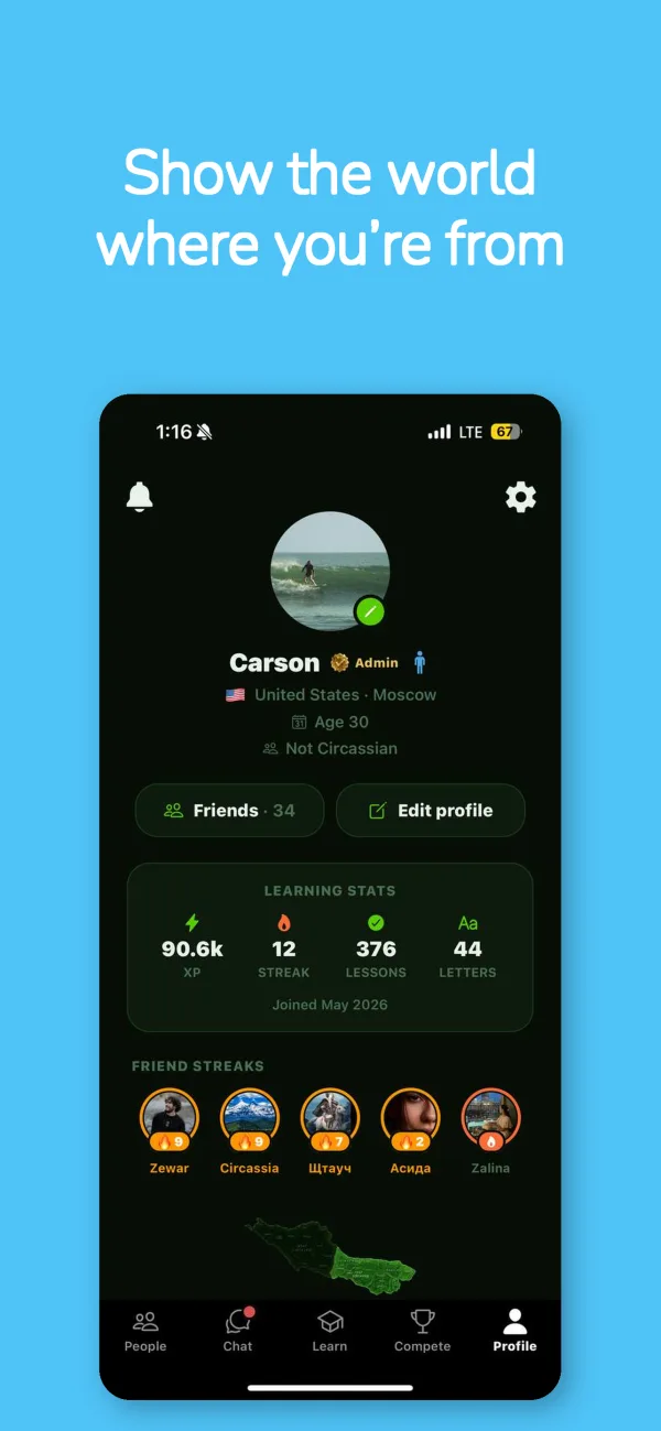 Circassian app profile with learning stats and friend streaks